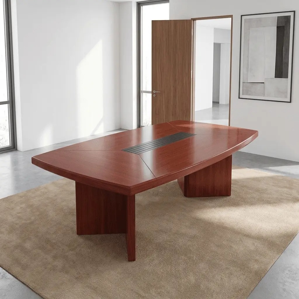 2.0m meeting conference table featuring a sleek boat-shaped tabletop in a polished reddish-brown cherry wood veneer, styled with an integrated central black slatted cable management wire grommet panel and geometric wood grain patchwork, supported by two heavy-duty matching wood slab pedestal bases.