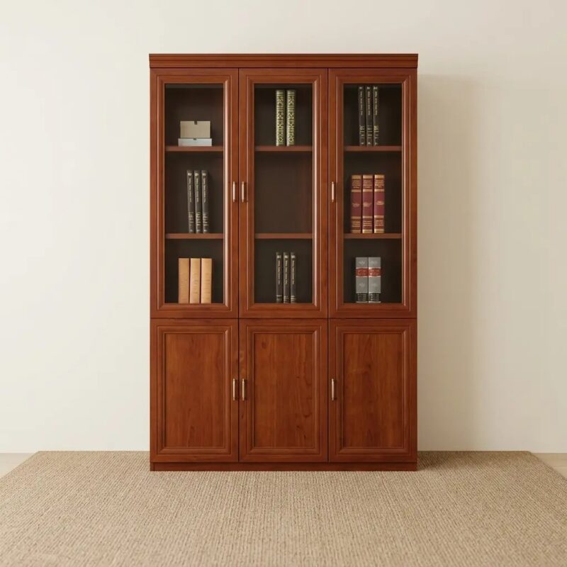 3 door wooden filing cabinet showcasing a rich reddish-brown cherry wood finish, built in a two-tier configuration featuring a top section with three vertical glass-panelled display doors and an under-storage section with three matching solid wood raised-panel cabinet doors, all fitted with slim vertical gold metal handles.