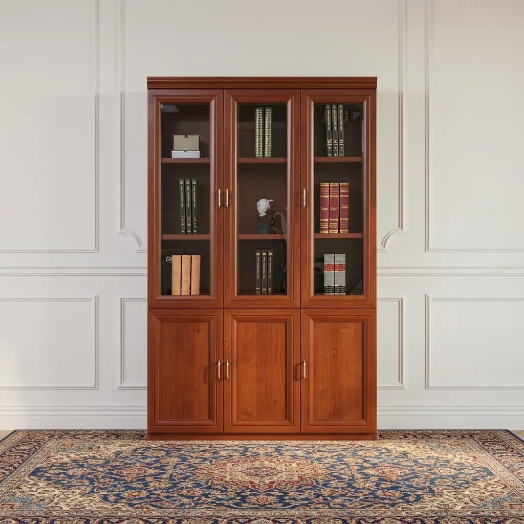 Three door wooden filing cabinet finished in a rich reddish-brown cherry wood veneer, constructed in a two-tier configuration featuring a top bookcase section with three glass-paneled display doors and a bottom section with three solid wood raised-panel storage doors, all accented with slim gold vertical handles.