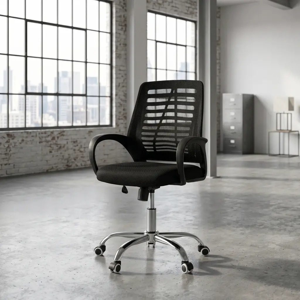 Low back mesh staff chair featuring a contoured black mesh backrest with a slatted inner support structure, fixed black polymer loop armrests, a rounded black fabric padded seat cushion, a pneumatic height adjustment lever, and a five-star polished chrome swivel base with dual-wheel hoodless casters.