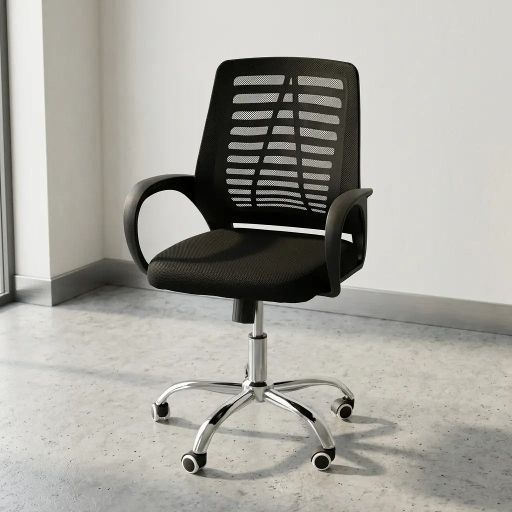 Mid-back swivel staff chair featuring a contoured black mesh backrest with an integrated horizontal-slatted lumbar support structure, fixed black polymer loop armrests, a contoured black fabric padded seat cushion, a pneumatic height adjustment lever, and a five-star polished chrome swivel base fitted with dual-wheel hoodless casters.