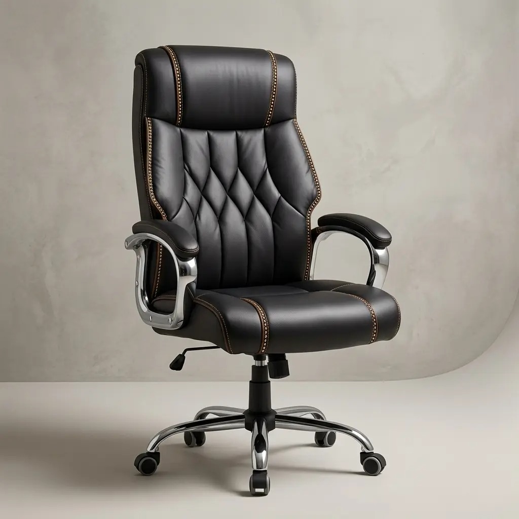 Black leather executive office seat featuring a high-back design with diamond-tufted black leather upholstery, tan stitched trim details, padded loop armrests with polished chrome accents, an under-seat pneumatic adjustment lever, and a five-star polished chrome swivel base on dual-wheel casters.