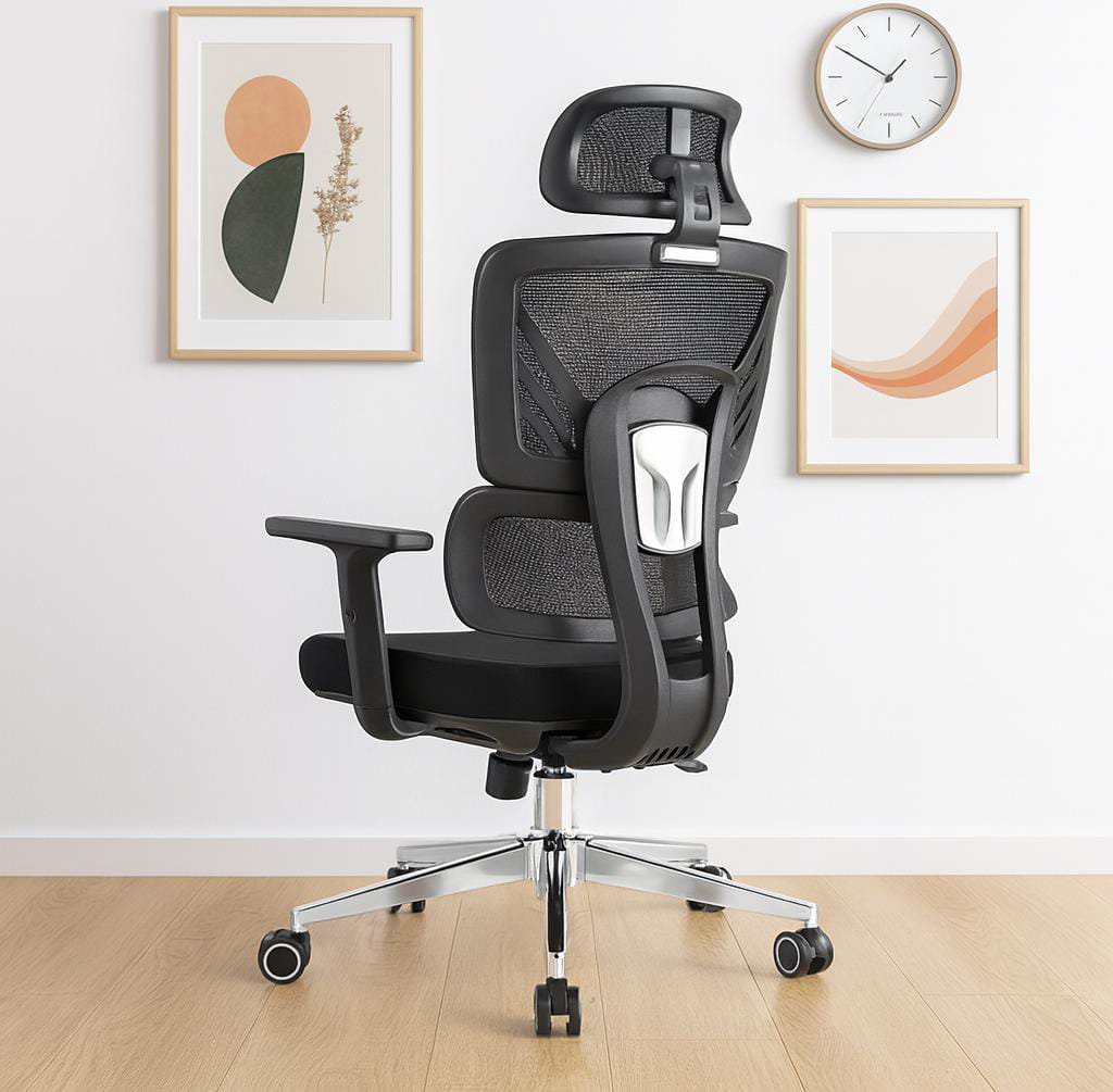 Reclining orthopedic office chair featuring an adjustable wide black mesh headrest, a split-tier dynamic backrest consisting of an upper thoracic mesh panel with an decorative wing-patterned inner frame and an independent lower lumbar mesh support panel, T-shaped adjustable armrests, a contoured black fabric padded seat cushion, and a five-star polished chrome swivel base fitted with dual-wheel casters.