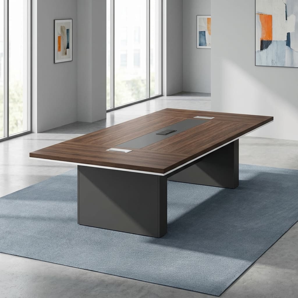 2.4m boardroom table featuring a premium walnut wood veneer tabletop with a modern white-edge trim, a central integrated grey cable management track with three pop-up power and data modules, supported by two robust grey rectangular pedestal bases.