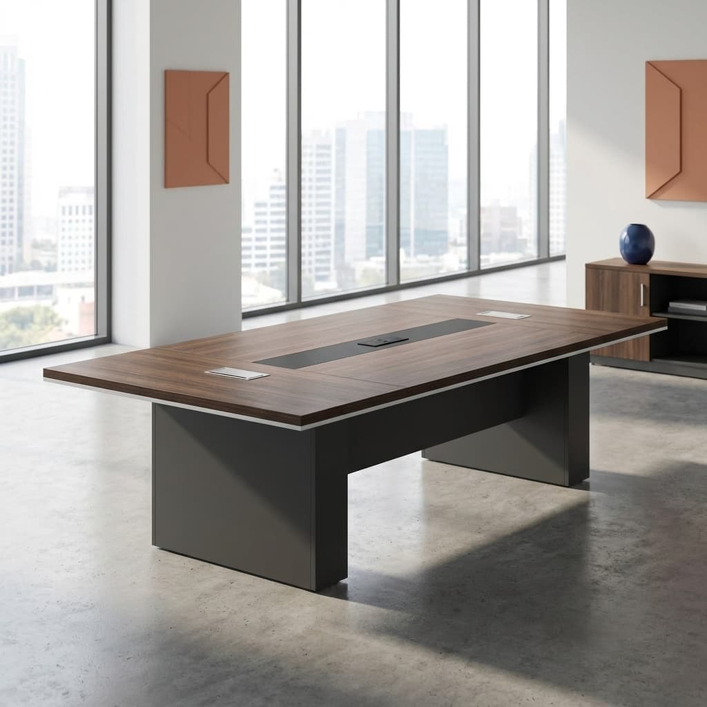 2.4m boardroom table featuring a premium walnut wood veneer tabletop with a modern white-edge trim, a central integrated grey cable management track with three pop-up power and data modules, supported by two robust grey rectangular pedestal bases.