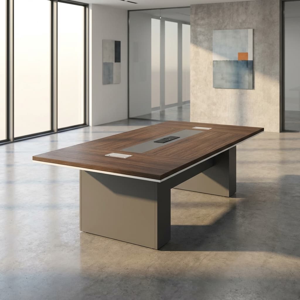 2.4m boardroom table featuring a premium walnut wood veneer tabletop with a modern white-edge trim, a central integrated grey cable management track with three pop-up power and data modules, supported by two robust grey rectangular pedestal bases.