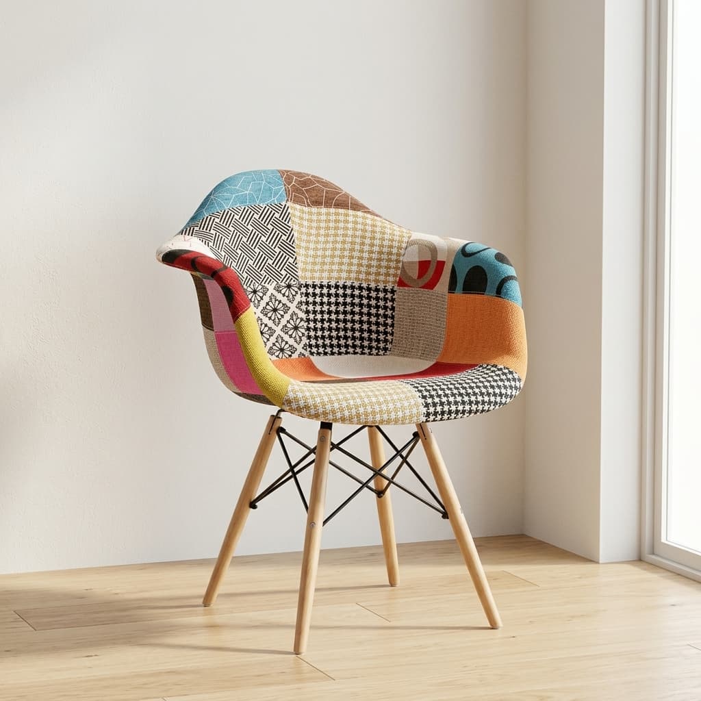 Eames armrest patchwork chair featuring a molded shell seat fully upholstered in a vibrant multi-patterned fabric collage including houndstooth, stripes, and geometric prints, supported by a light wood dowel base with black metal Eiffel-style wire bracing.