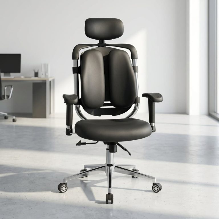 Premium ergonomic high-back executive office chair upholstered in black leather, featuring a unique split dual-backrest system, an adjustable curved headrest, multi-directional armrests, an exposed chrome frame spine, and a 5-star rolling aluminum base.