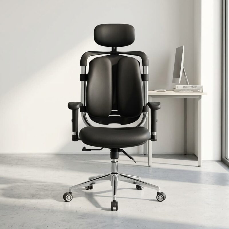 Premium ergonomic high-back executive office chair upholstered in black leather, featuring a unique split dual-backrest system, an adjustable curved headrest, multi-directional armrests, an exposed chrome frame spine, and a 5-star rolling aluminum base.
