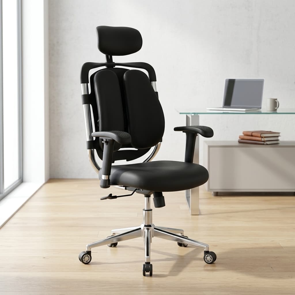 Premium ergonomic high-back executive office chair upholstered in black leather, featuring a unique split dual-backrest system, an adjustable curved headrest, multi-directional armrests, an exposed chrome frame spine, and a 5-star rolling aluminum base.