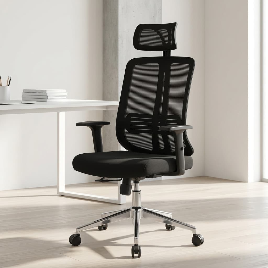 Orthopedic Executive Mesh Chair featuring an adjustable, wide mesh headrest, a high-back breathable black mesh backrest with a prominent vertical spinal spine frame and integrated lumbar support strip, adjustable T-shaped armrests, a padded black fabric seat cushion, and a polished chrome five-star swivel base on rolling dual-wheel casters.