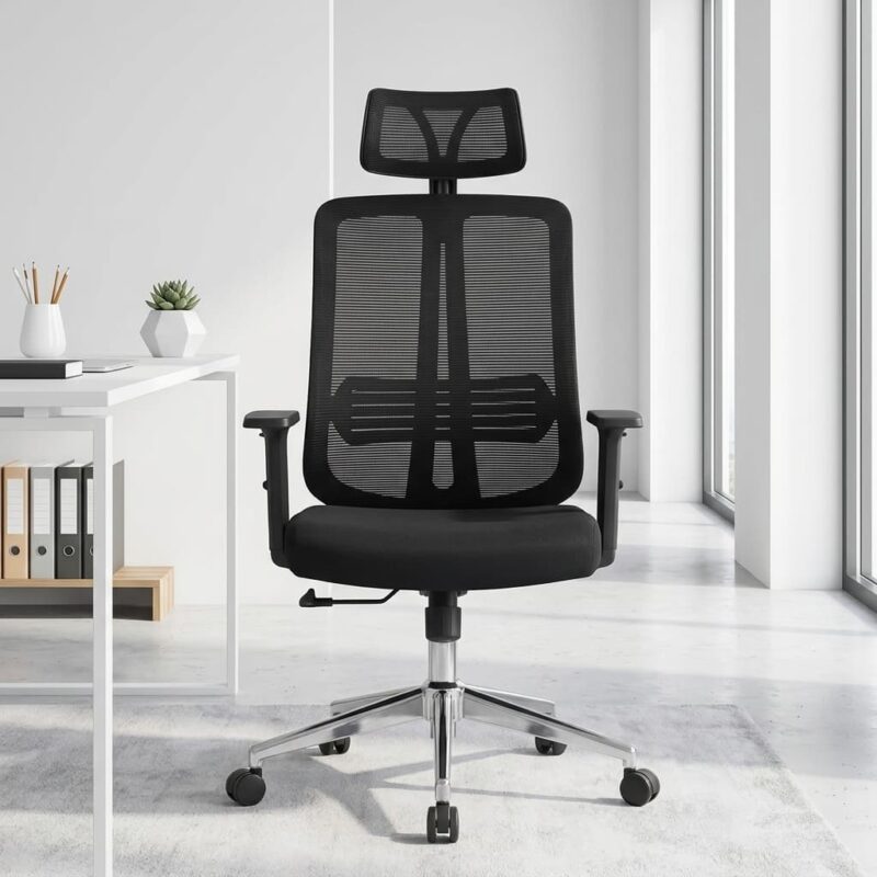 Orthopedic Executive Mesh Chair featuring an adjustable, wide mesh headrest, a high-back breathable black mesh backrest with a prominent vertical spinal spine frame and integrated lumbar support strip, adjustable T-shaped armrests, a padded black fabric seat cushion, and a polished chrome five-star swivel base on rolling dual-wheel casters.