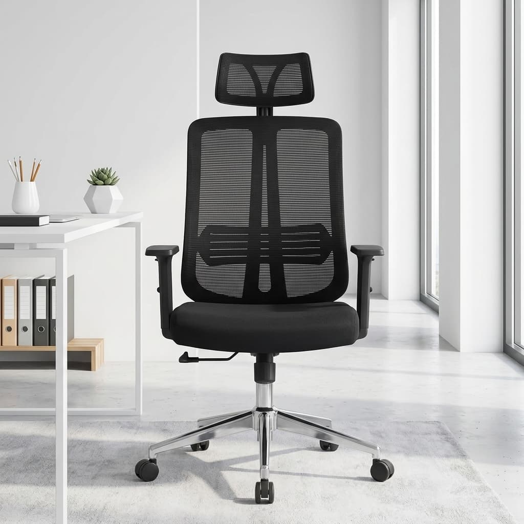 Orthopedic Executive Mesh Chair featuring an adjustable, wide mesh headrest, a high-back breathable black mesh backrest with a prominent vertical spinal spine frame and integrated lumbar support strip, adjustable T-shaped armrests, a padded black fabric seat cushion, and a polished chrome five-star swivel base on rolling dual-wheel casters.