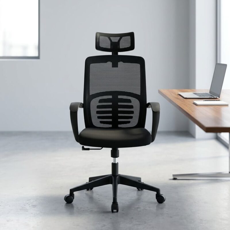 Modern Ergonomic Office Staff Chair featuring a wide adjustable mesh headrest, a high-back breathable black mesh backrest with a prominent, multi-slat horizontal lumbar support guard, fixed curved loop armrests, a contoured black fabric seat cushion, and a matte black five-star nylon swivel base on rolling casters.