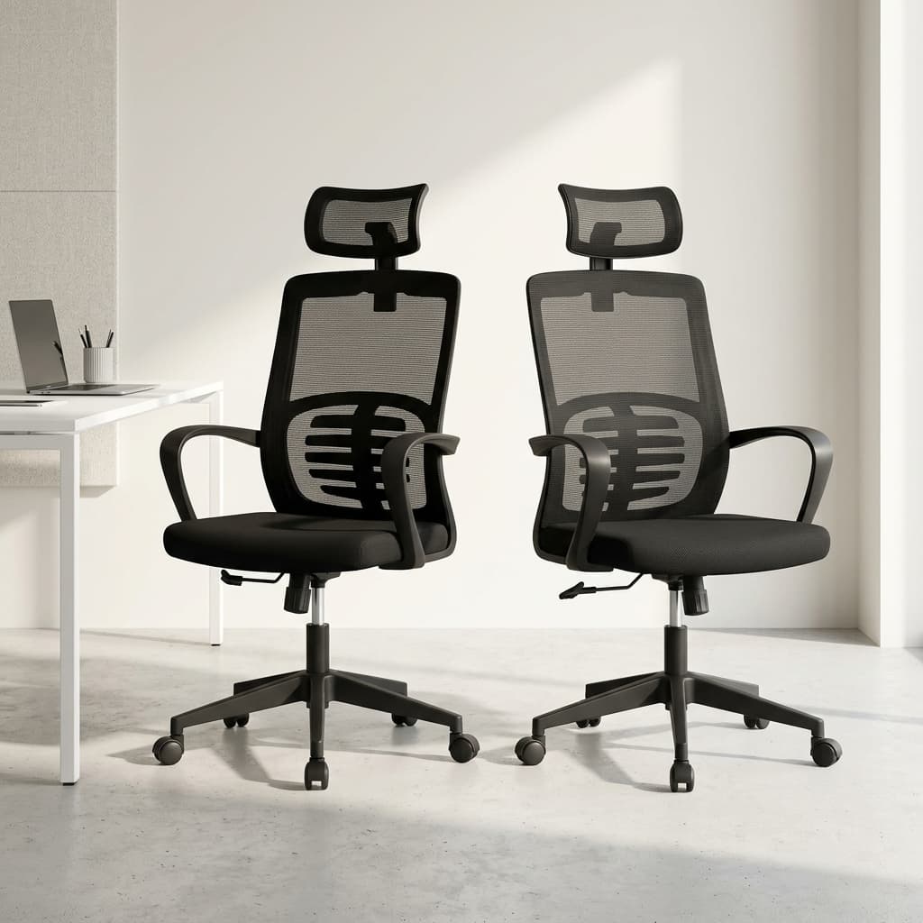 Modern Ergonomic Office Staff Chair featuring a wide adjustable mesh headrest, a high-back breathable black mesh backrest with a prominent, multi-slat horizontal lumbar support guard, fixed curved loop armrests, a contoured black fabric seat cushion, and a matte black five-star nylon swivel base on rolling casters.
