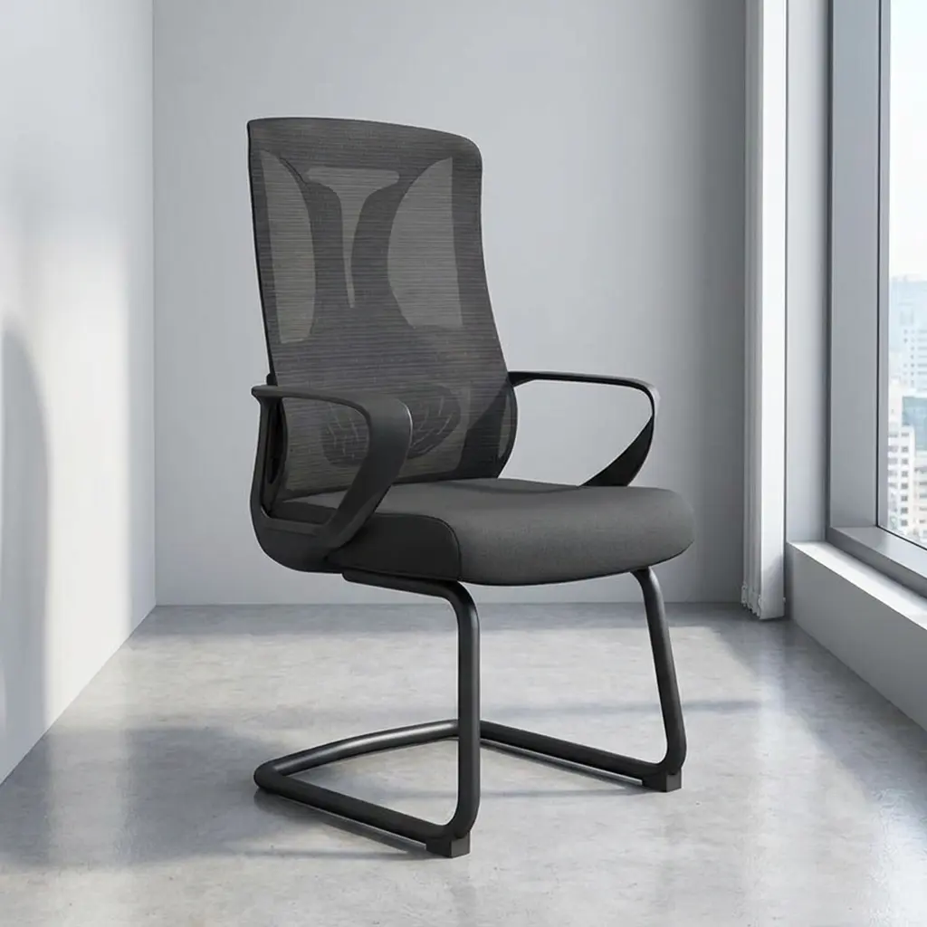 Mesh ergonomic waiting chair featuring a high backrest upholstered in translucent black mesh fabric, a distinctive T-shaped integrated lumbar support frame, fixed curved armrests, a contoured dark grey fabric seat cushion, and a sturdy black steel cantilever sled base.