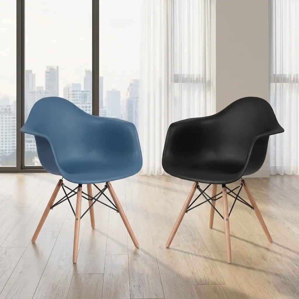 Eames Bistro Modern Plastic Chair featuring a molded black polypropylene single-piece shell seat with integrated curved armrests, supported by a wooden dowel leg base reinforced with an intricate black metal Eiffel tower wire cross-bracing.