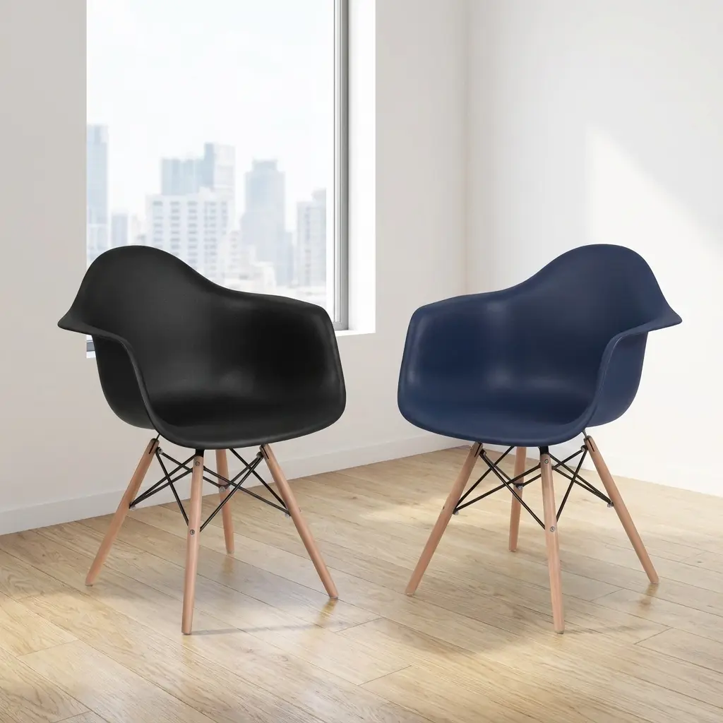 Eames Bistro Modern Plastic Chair featuring a molded black polypropylene single-piece shell seat with integrated curved armrests, supported by a wooden dowel leg base reinforced with an intricate black metal Eiffel tower wire cross-bracing.