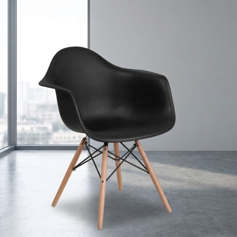 Eames Bistro Modern Plastic Chair featuring a molded black polypropylene single-piece shell seat with integrated curved armrests, supported by a wooden dowel leg base reinforced with an intricate black metal Eiffel tower wire cross-bracing.