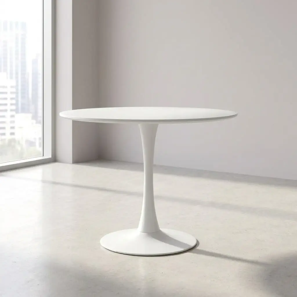 Circular white dining table in a matte white finish, featuring a round minimalist tabletop supported by a sleek, central trumpet-shaped pedestal tulip base.
