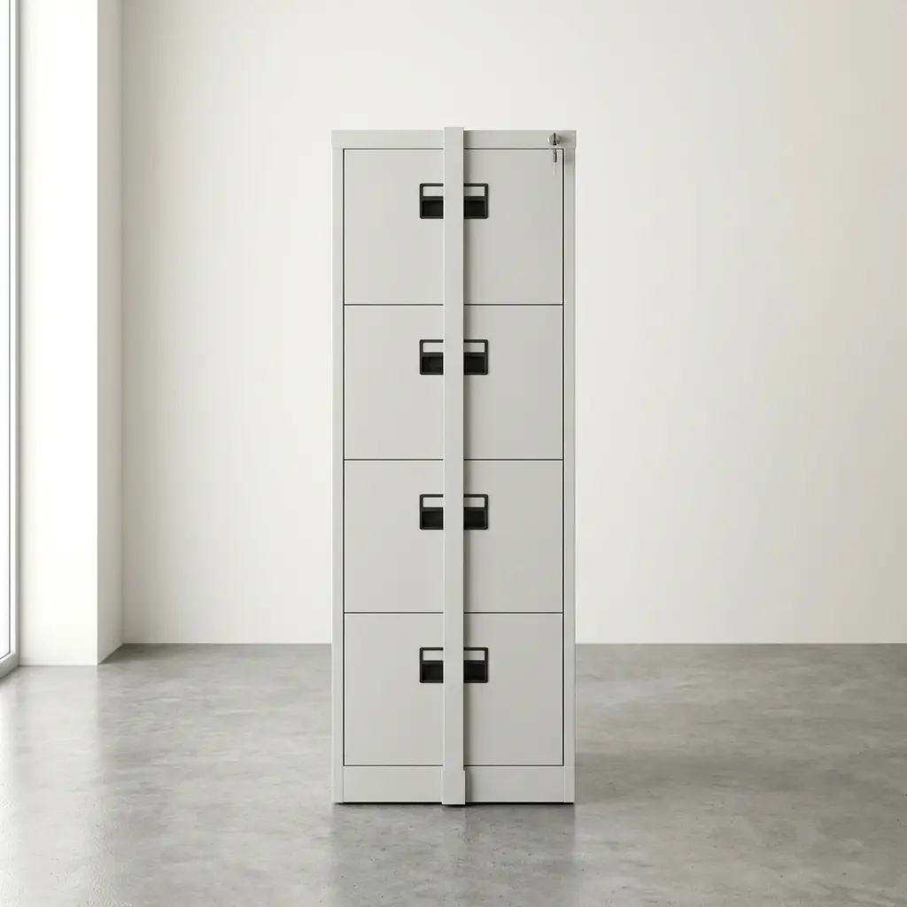 4 drawer cabinet with bar in a light grey powder-coated steel finish, featuring four vertically stacked document drawers with black recessed pull handles, secured by a central vertical metal locking bar system with a top key lock.