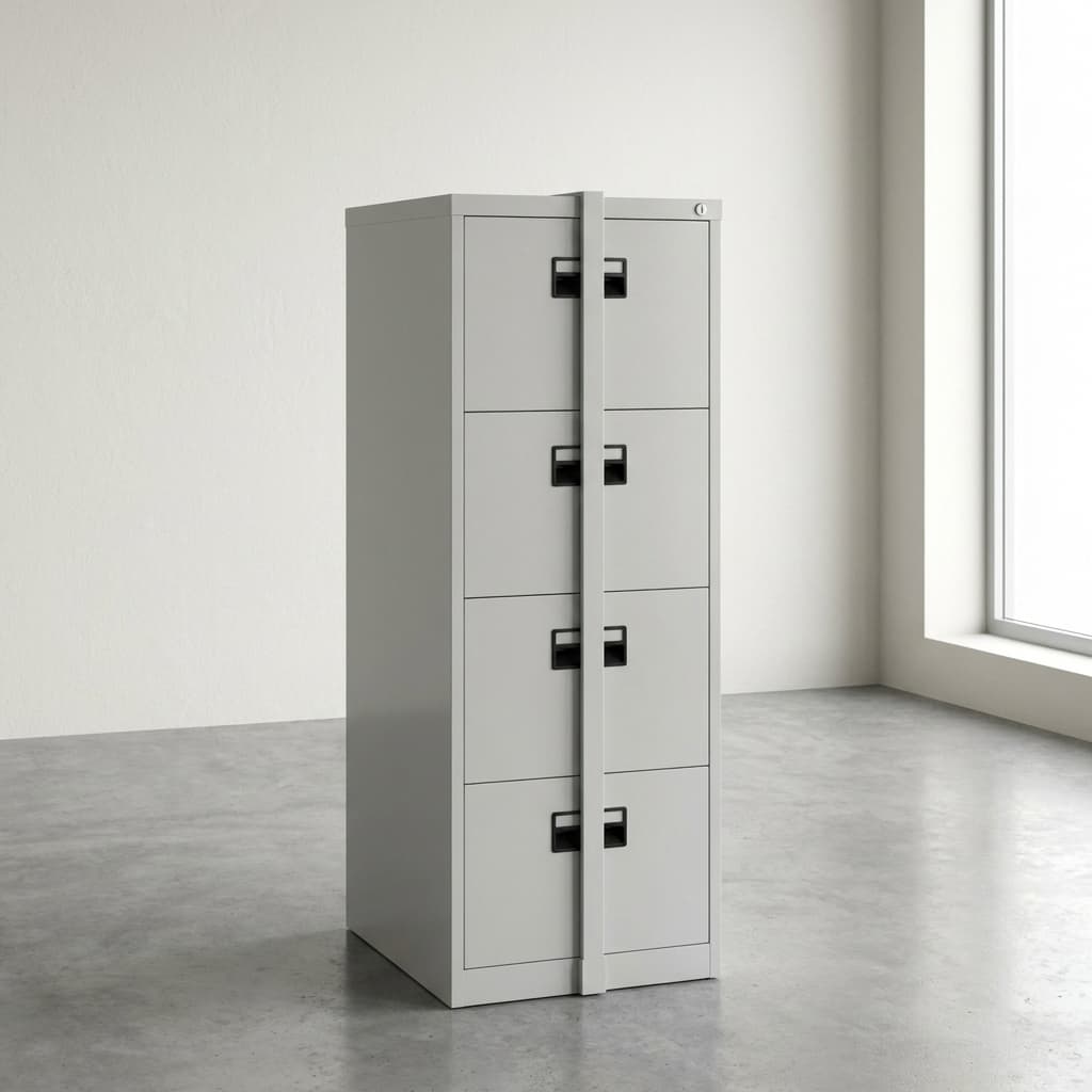 4 drawer cabinet with bar in a light grey powder-coated steel finish, featuring four vertically stacked document drawers with black recessed pull handles, secured by a central vertical metal locking bar system with a top key lock.
