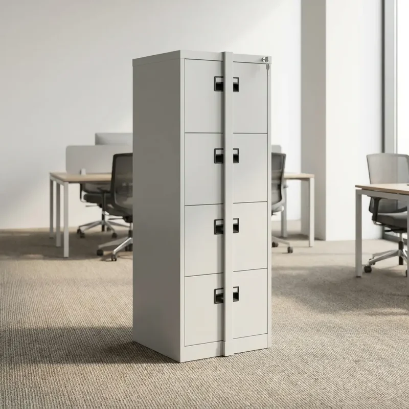4 drawer cabinet with bar in a light grey powder-coated steel finish, featuring four vertically stacked document drawers with black recessed pull handles, secured by a central vertical metal locking bar system with a top key lock.