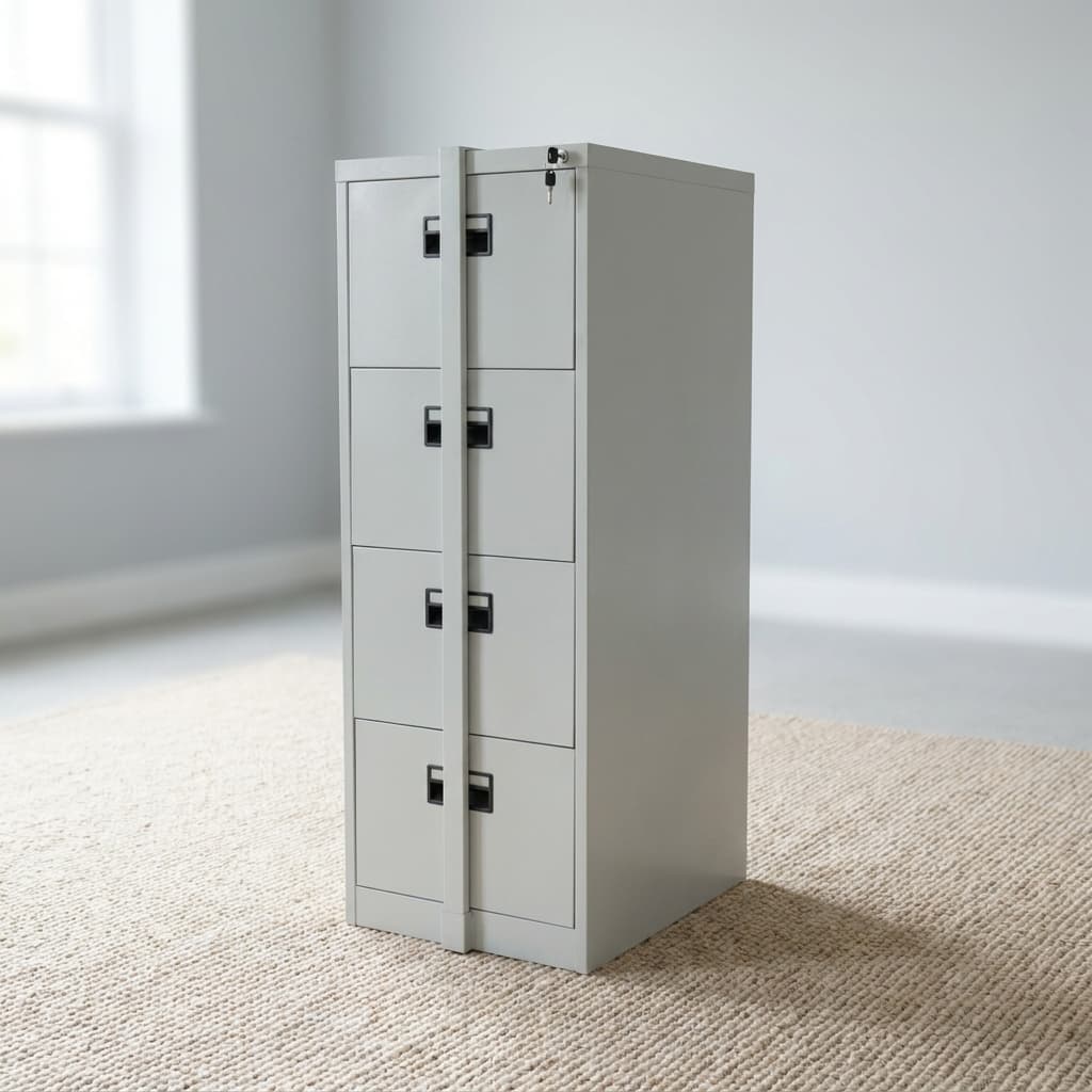 4 drawer cabinet with bar in a light grey powder-coated steel finish, featuring four vertically stacked document drawers with black recessed pull handles, secured by a central vertical metal locking bar system with a top key lock.