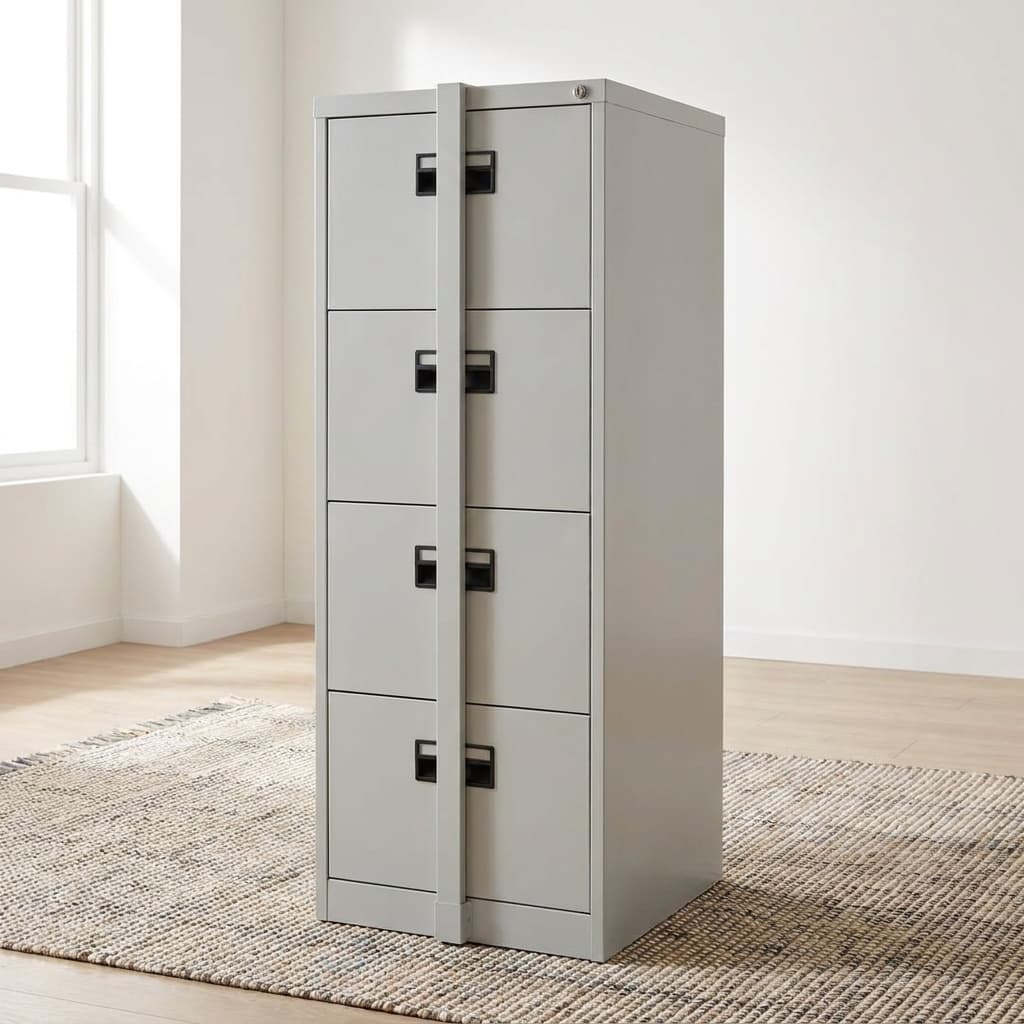 Office cabinet with security bar featuring a 4-drawer vertical design in a light grey powder-coated steel finish, equipped with a central vertical metal locking bar that secures all drawers simultaneously via a top-mounted key lock system.