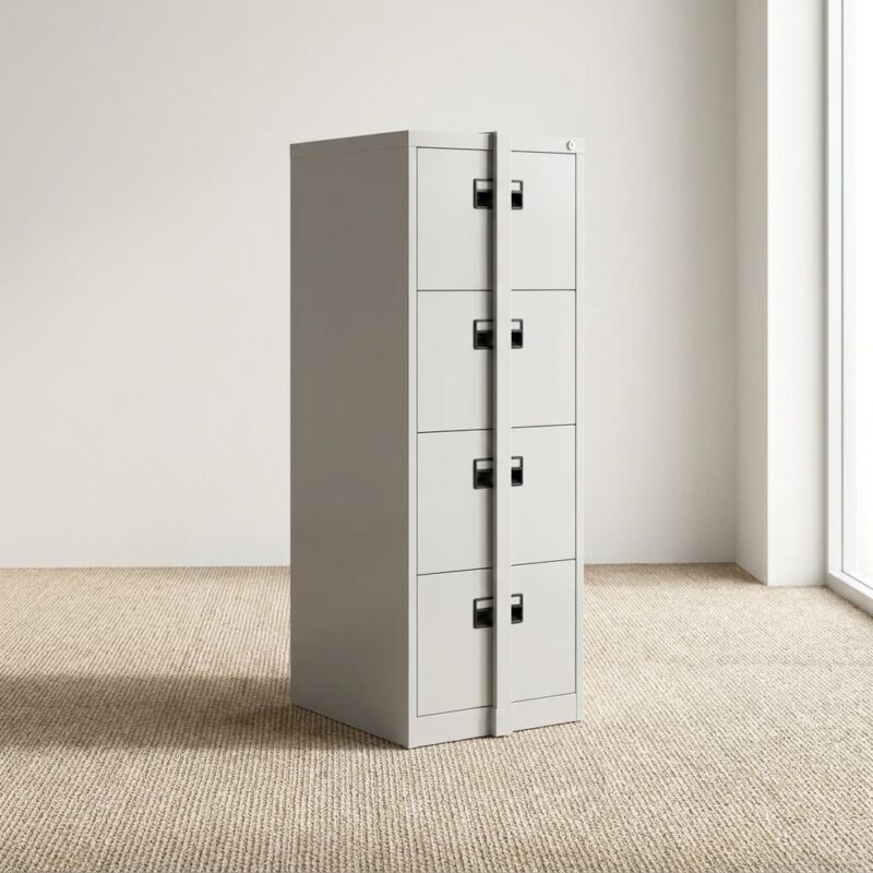 Office cabinet with security bar featuring a 4-drawer vertical design in a light grey powder-coated steel finish, equipped with a central vertical metal locking bar that secures all drawers simultaneously via a top-mounted key lock system.