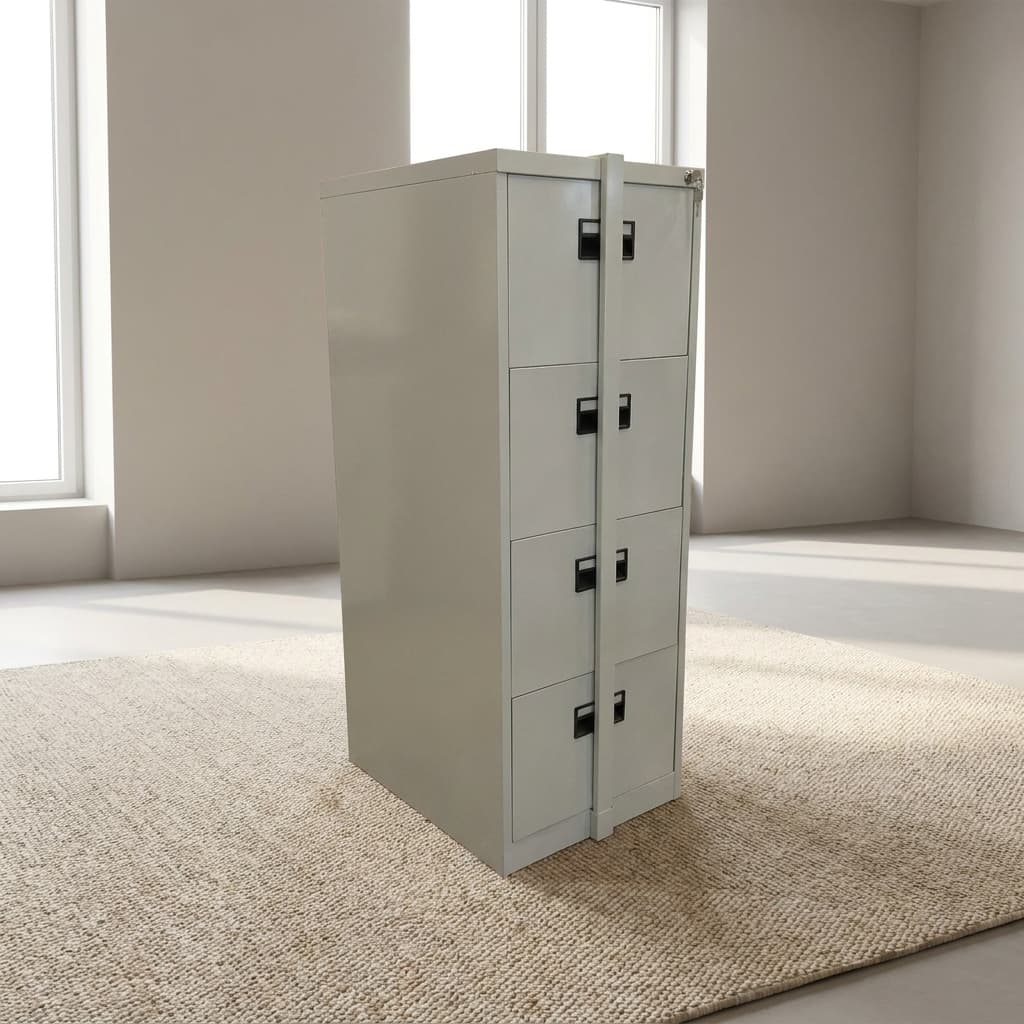 Office cabinet with security bar featuring a 4-drawer vertical design in a light grey powder-coated steel finish, equipped with a central vertical metal locking bar that secures all drawers simultaneously via a top-mounted key lock system.
