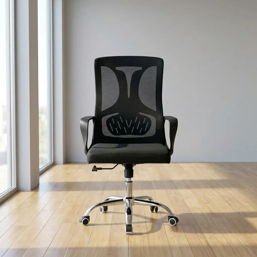 Mid back adjustable chair featuring a breathable black mesh backrest with a distinctive integrated Y-shaped lumbar support frame, a cushioned textile seat, fixed curved armrests, and a polished chrome five-star swivel base with smooth-rolling casters.