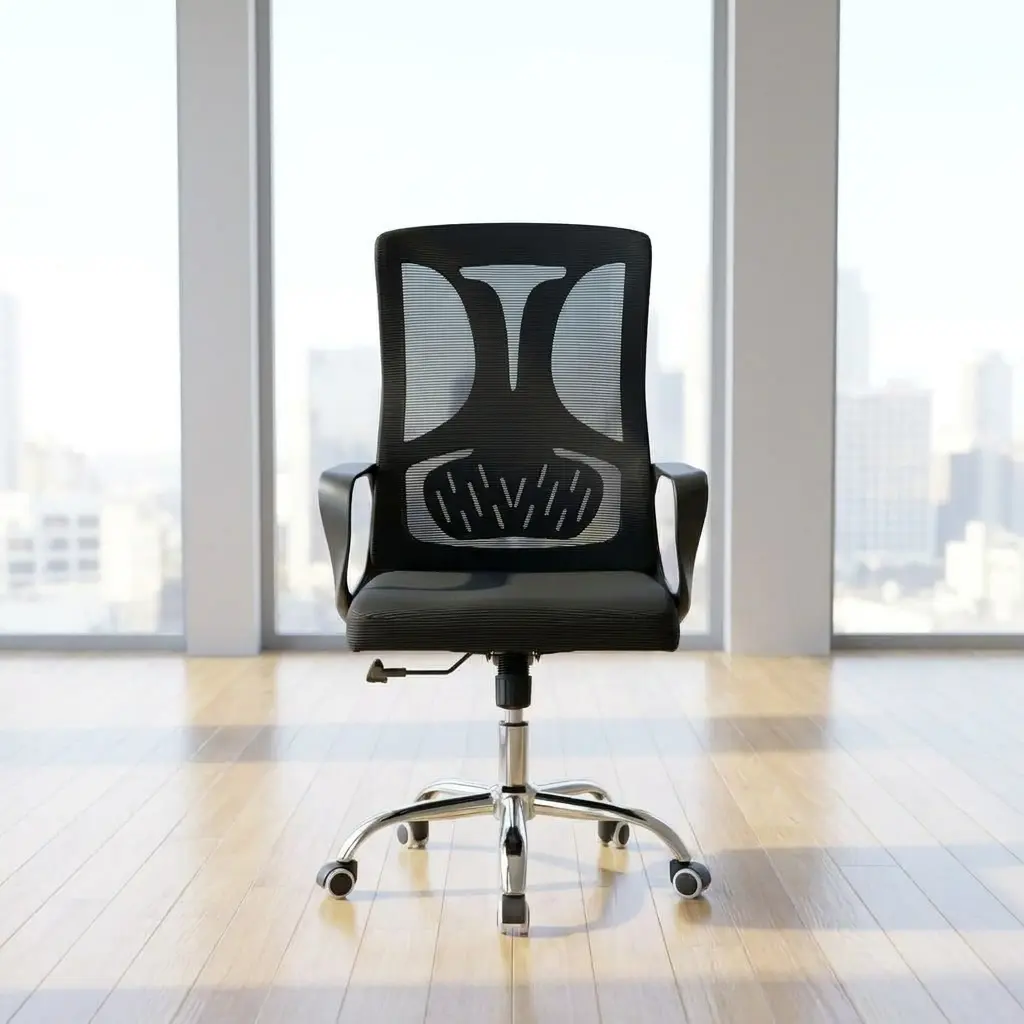 Mid back adjustable chair featuring a breathable black mesh backrest with a distinctive integrated Y-shaped lumbar support frame, a cushioned textile seat, fixed curved armrests, and a polished chrome five-star swivel base with smooth-rolling casters.