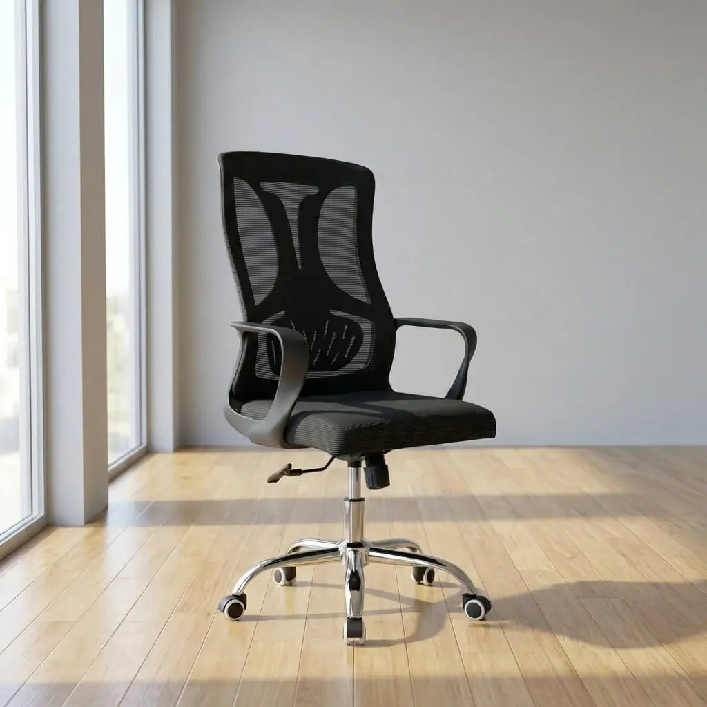 Mid back adjustable chair featuring a breathable black mesh backrest with a distinctive integrated Y-shaped lumbar support frame, a cushioned textile seat, fixed curved armrests, and a polished chrome five-star swivel base with smooth-rolling casters.