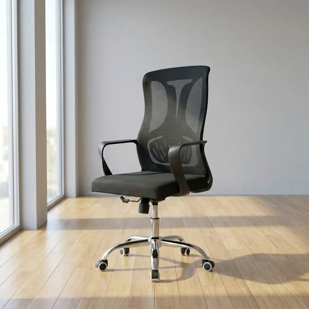 Mid back adjustable chair featuring a breathable black mesh backrest with a distinctive integrated Y-shaped lumbar support frame, a cushioned textile seat, fixed curved armrests, and a polished chrome five-star swivel base with smooth-rolling casters.