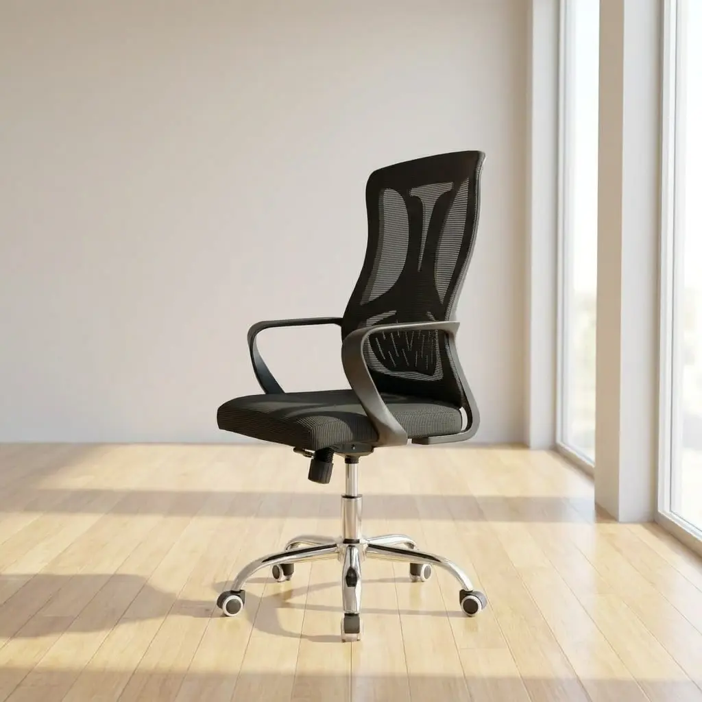 Mid back adjustable chair featuring a breathable black mesh backrest with a distinctive integrated Y-shaped lumbar support frame, a cushioned textile seat, fixed curved armrests, and a polished chrome five-star swivel base with smooth-rolling casters.