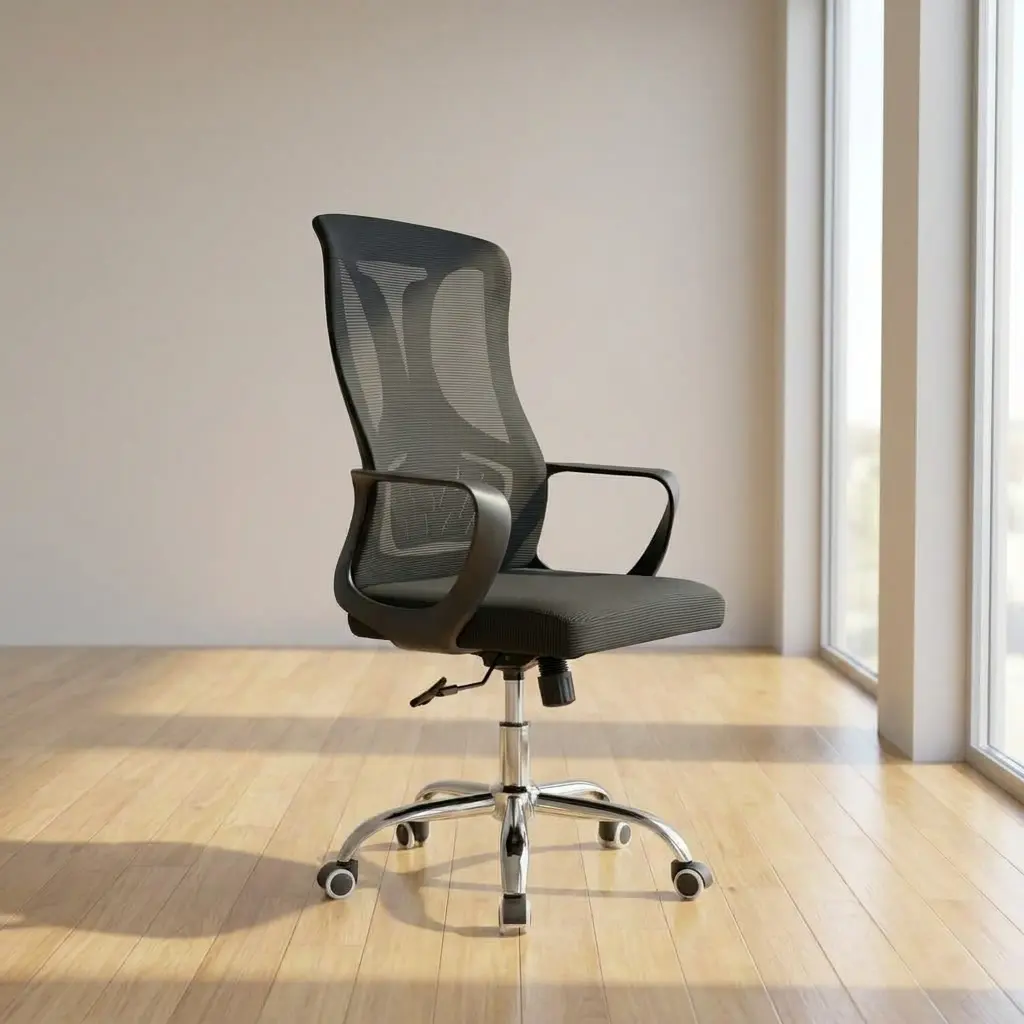 Mid back adjustable chair featuring a breathable black mesh backrest with a distinctive integrated Y-shaped lumbar support frame, a cushioned textile seat, fixed curved armrests, and a polished chrome five-star swivel base with smooth-rolling casters.