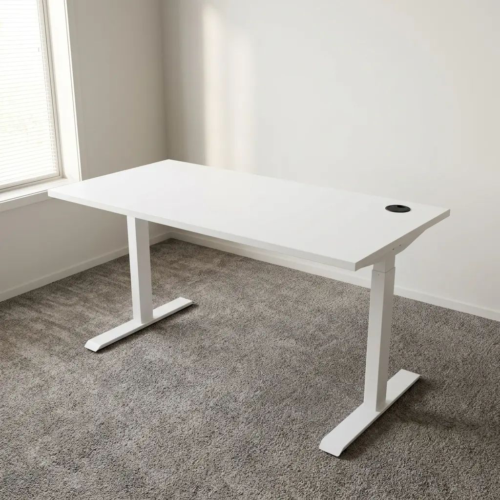 Ergonomic 1200mm electric adjustable standing desk featuring a minimalist white tabletop, a digital memory keypad controller, and a sturdy white steel motorized T-frame leg system.