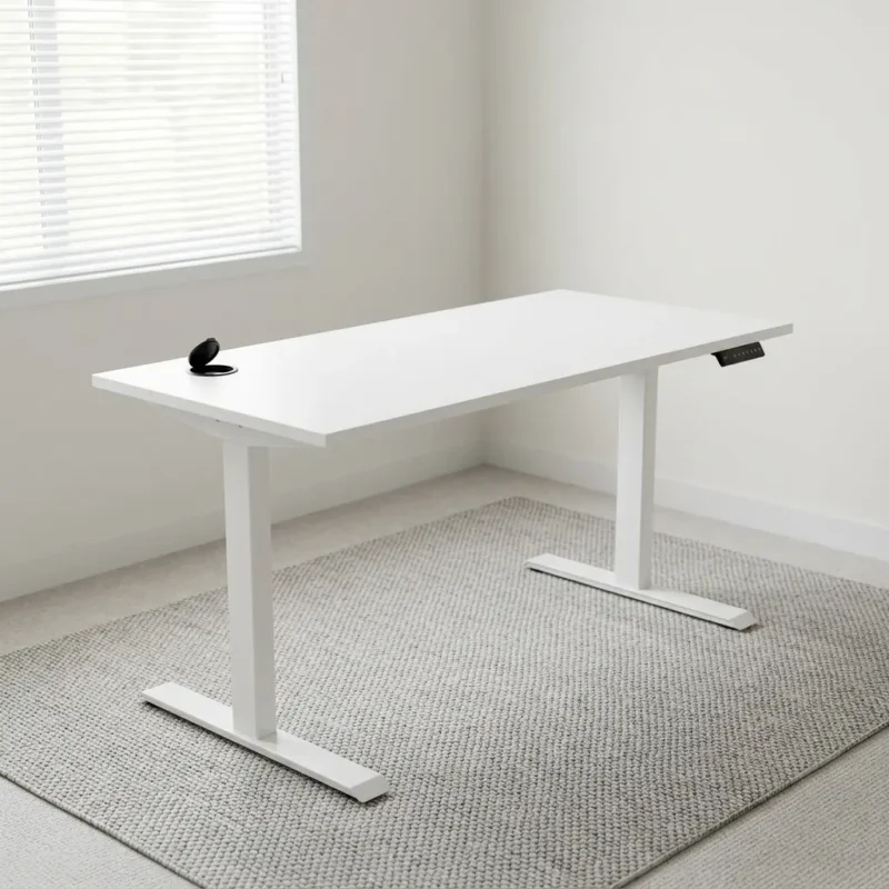 Ergonomic 1200mm electric adjustable standing desk featuring a minimalist white tabletop, a digital memory keypad controller, and a sturdy white steel motorized T-frame leg system.