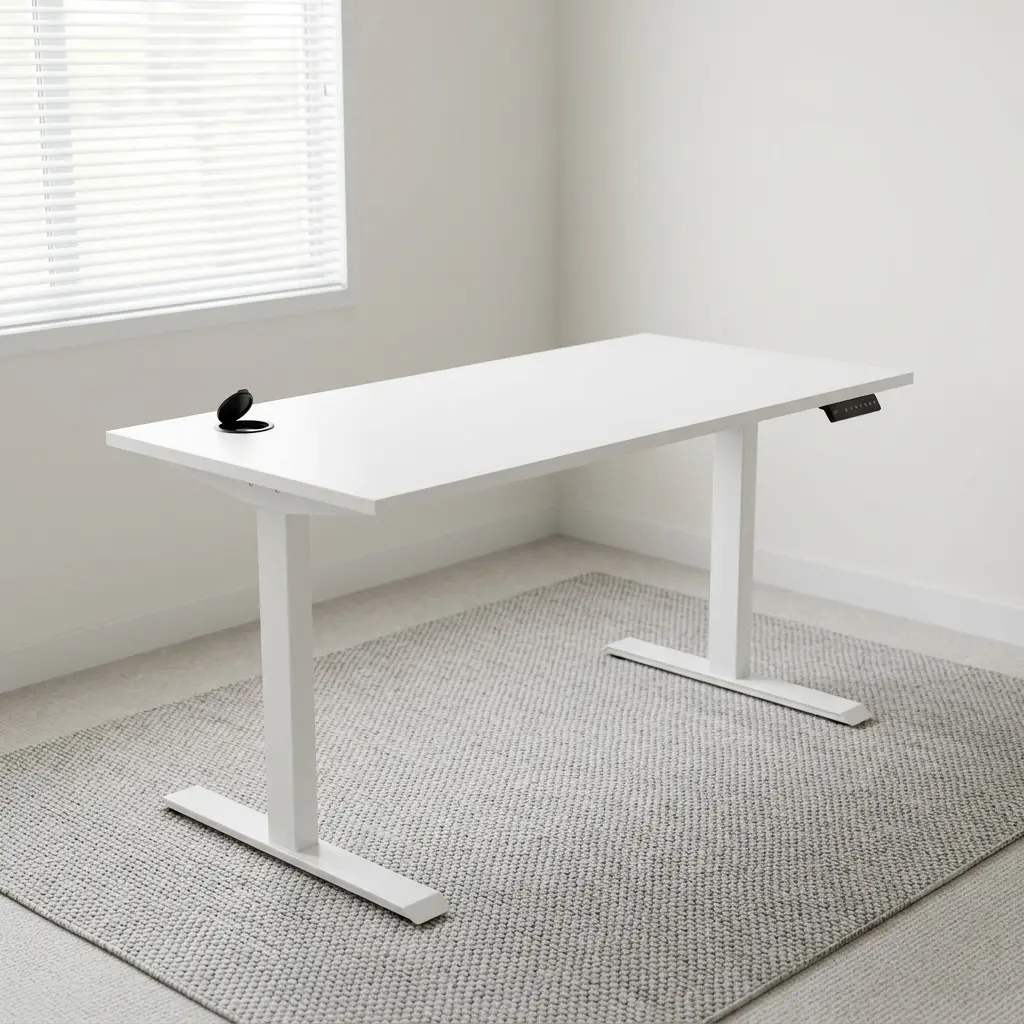 Ergonomic 1200mm electric adjustable standing desk featuring a minimalist white tabletop, a digital memory keypad controller, and a sturdy white steel motorized T-frame leg system.