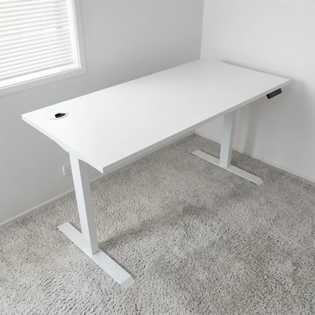 Ergonomic 1200mm electric adjustable standing desk featuring a minimalist white tabletop, a digital memory keypad controller, and a sturdy white steel motorized T-frame leg system.