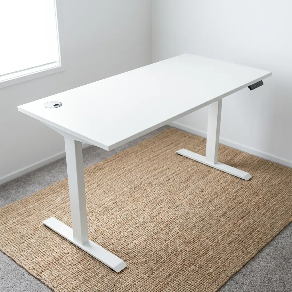 Ergonomic 1200mm electric adjustable standing desk featuring a minimalist white tabletop, a digital memory keypad controller, and a sturdy white steel motorized T-frame leg system.