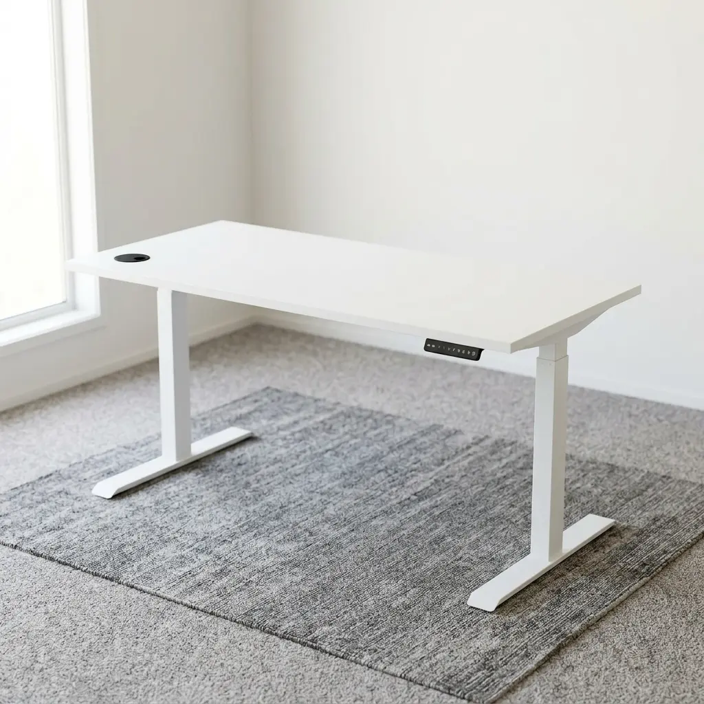 Ergonomic 1200mm electric adjustable standing desk featuring a minimalist white tabletop, a digital memory keypad controller, and a sturdy white steel motorized T-frame leg system.