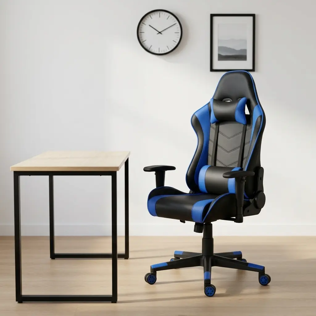 Ergonomic high-back gaming chair in black and blue leather, featuring matching adjustable lumbar support, a neck pillow, fixed T-shaped armrests, and a 5-star swivel star base with blue-trimmed caster wheels.
