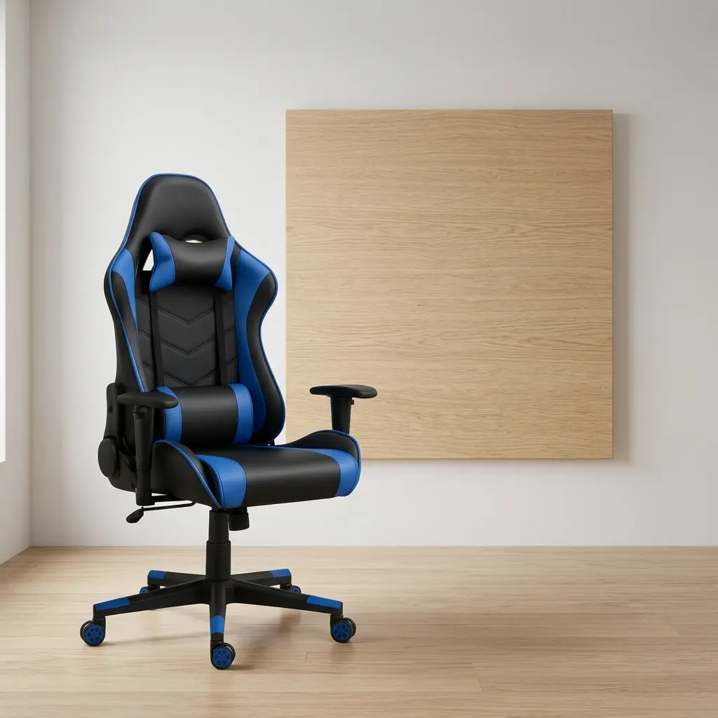Ergonomic high-back gaming chair in black and blue leather, featuring matching adjustable lumbar support, a neck pillow, fixed T-shaped armrests, and a 5-star swivel star base with blue-trimmed caster wheels.