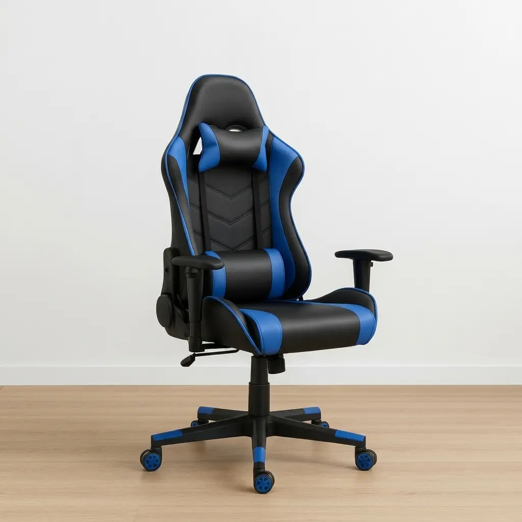 Ergonomic high-back gaming chair in black and blue leather, featuring matching adjustable lumbar support, a neck pillow, fixed T-shaped armrests, and a 5-star swivel star base with blue-trimmed caster wheels.
