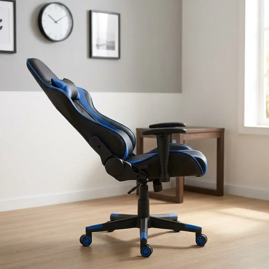 Ergonomic high-back gaming chair in black and blue leather, featuring matching adjustable lumbar support, a neck pillow, fixed T-shaped armrests, and a 5-star swivel star base with blue-trimmed caster wheels.