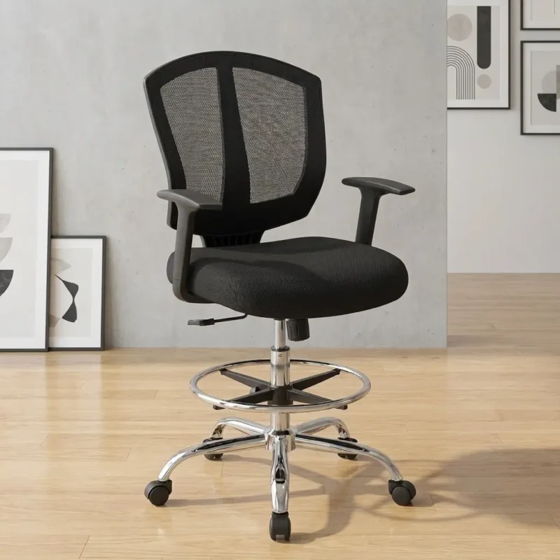 Modern black mesh ergonomic drafting-style stool with a headrest, adjustable seat height, fixed armrests, chrome 5-star swivel base with caster wheels, and a built-in foot ring.