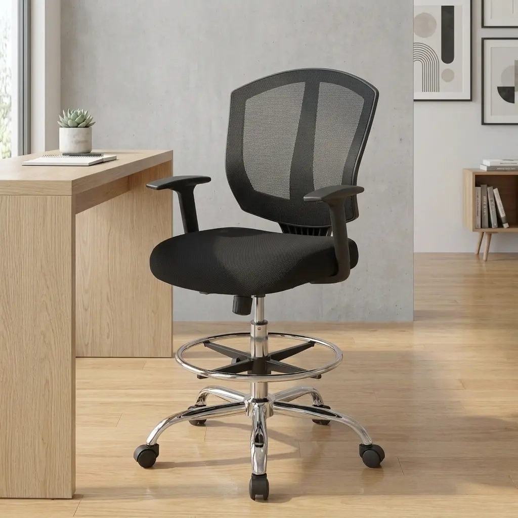 Modern black mesh ergonomic drafting-style stool with a headrest, adjustable seat height, fixed armrests, chrome 5-star swivel base with caster wheels, and a built-in foot ring.