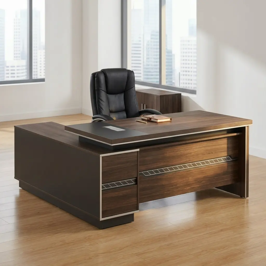 Modern 180cm L-shaped executive office desk in a dark walnut wood finish, featuring an integrated black writing blotter inlay with a silver cable management flip-top, a matching side return cabinet, and decorative textured metallic trim.